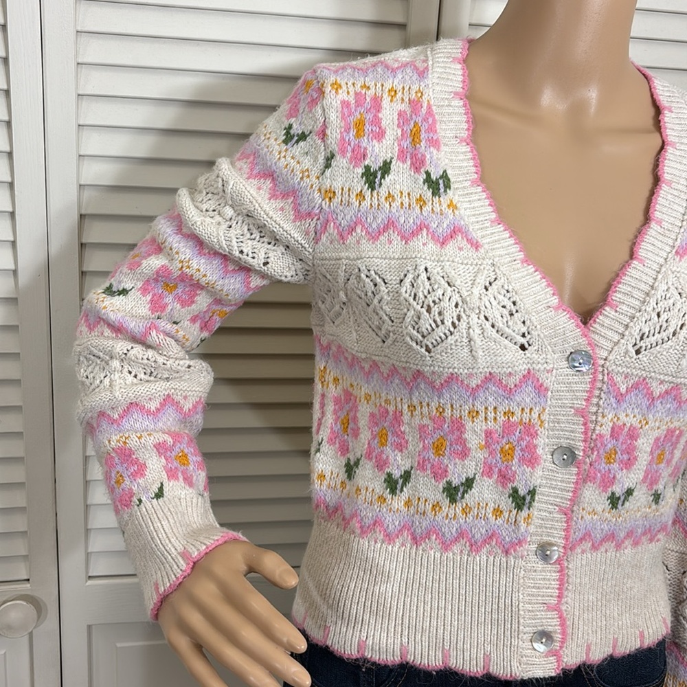 Zara Blogger Fave Floral Jacquard Knit Cropped Cardigan Small - Picture 8 of 14